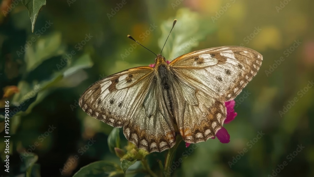 Obraz premium A butterfly perched on a pink flower with green foliage background.
