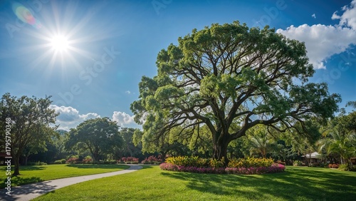Fototapeta Naklejka Na Ścianę i Meble -  Bright sunny day in a park with a large tree, lush greenery, and colorful flowers, under a clear blue sky with sunlight shining brightly.