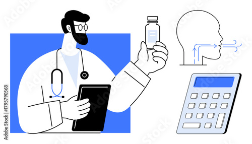 Doctor holding a pill bottle and tablet, diagram of breath analysis, and calculator. Ideal for medicine, healthcare, clinical research, diagnostics, pharmaceutical, telemedicine simple flat metaphor