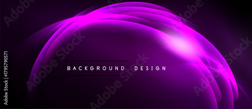 Abstract purple waves form glowing oval shape. Text reads background design. Dark backdrop emphasizes vibrant curves, light flare.