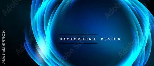 Abstract blue layers create glowing oval shape. Text reads background design. Dark background emphasizes bright illumination.