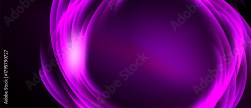 Abstract purple waves radiate from bright center. Dark background creates dramatic visual effect. Smooth gradients define flowing shapes.