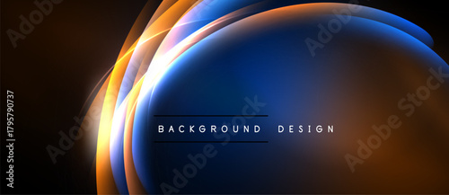 Abstract flowing light shapes create dynamic background. Blue, orange hues blend, forming elegant visual effect. Minimal text present.