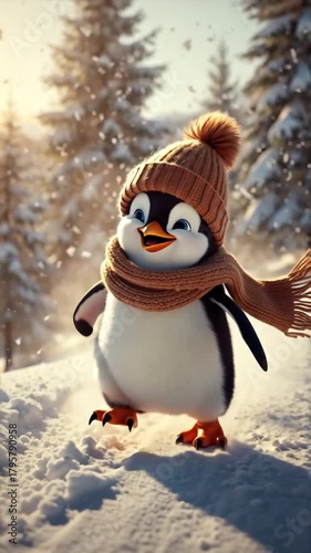 A playful cartoon penguin in a hat and scarf goes for a walk in winter
