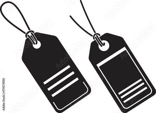 Two black price tags hanging with string silhouette