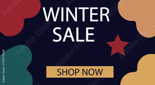 Winter sale banner with colorful shapes and a shop now button for seasonal promotions