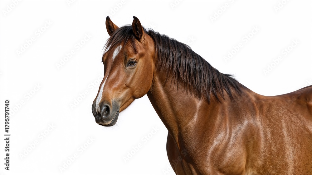 Obraz premium A brown horse with a flowing mane, head slightly turned, isolated on a white background.