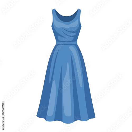 Blue midi dress, sleeveless, aline silhouette, elegant, fashion illustration