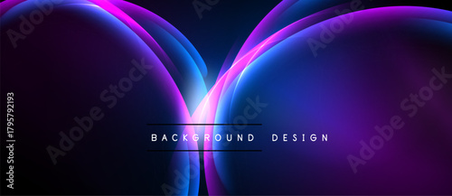 Abstract background features flowing curves, vibrant purple, blue hues. Light radiates from center, creating dynamic visual effect.