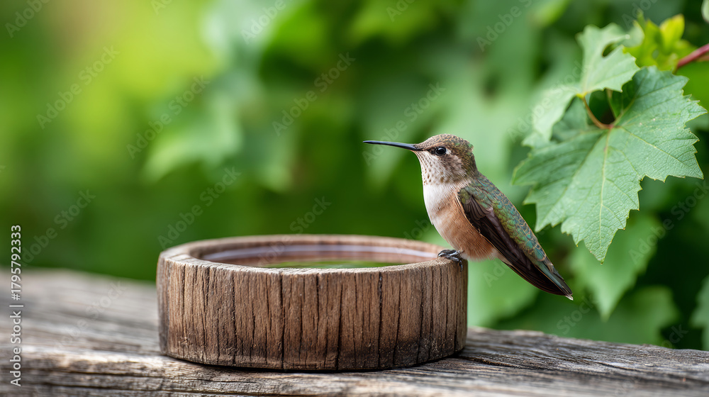 Fototapeta premium Hummingbird with iridescent green feathers perching on a wooden bird bath, stopping for water against a blurred green background