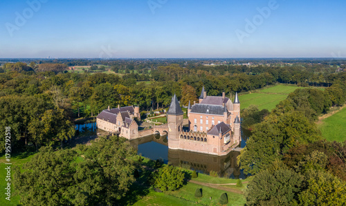 Aerial view of moated Heeswijk castle, Netherlands
