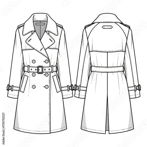 Front and back view of a classic doublebreasted trench coat, fashion flat sketch
