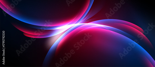 Abstract shapes, vibrant colors, flowing lines create dynamic composition. Pink, blue hues dominate dark background. Smooth gradients present energy.