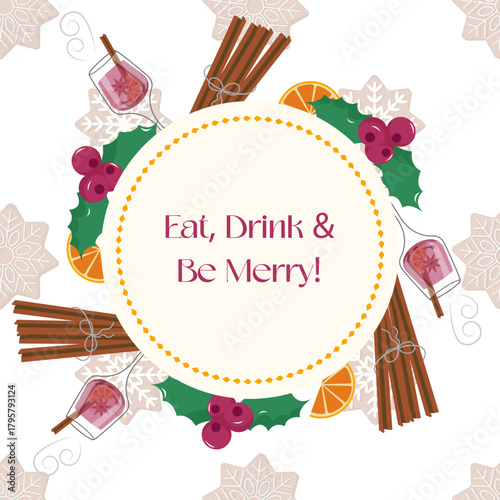 Elegant Christmas card featuring gingerbread snowflake pattern and decorative round frame in light beige tones. Frame composed of cinnamon sticks, winter berries and mulled wine glasses with text