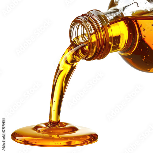 Golden liquid pouring from clear glass bottle, forming a pool