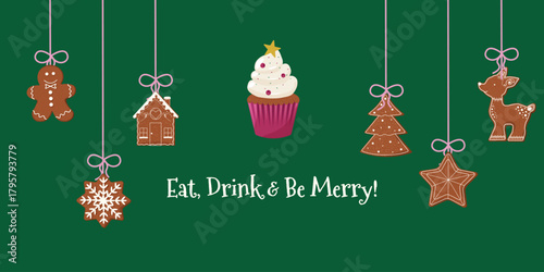 Festive horizontal card with assorted gingerbread cookies suspended on pink ribbons against deep green background. Christmas design with snowflake, house, reindeer, star, tree and central message area