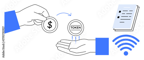 Hand exchanging dollar coin for token, documents symbolizing agreement, and wireless connectivity icon. Ideal for finance, blockchain, cryptocurrency, e-commerce, digital trade, fintech simple flat