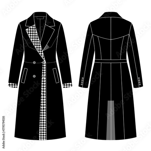 Front and back view of a black doublebreasted trench coat with houndstooth pattern details
