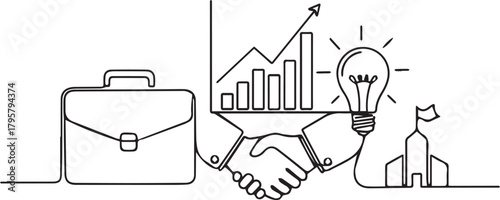 Successful business deal symbolized by handshake, growth chart, bright idea, and achievement.