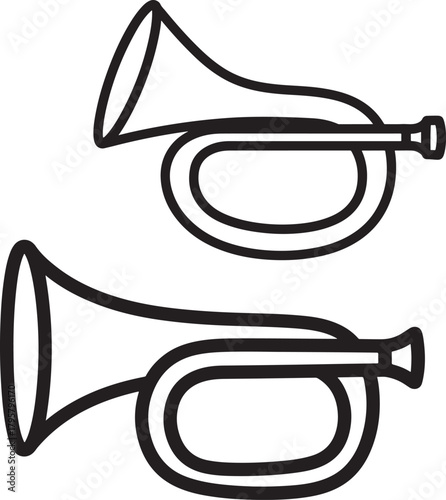 Two classic bugle horns in a simple outline silhouette