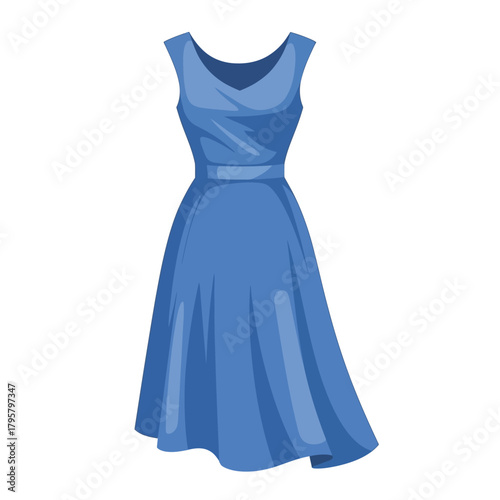 A simple, elegant blue sleeveless dress with a vneck and a cinched waist, displayed against a plain