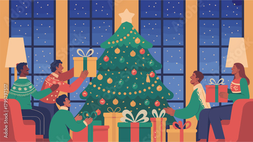 Group of people sitting near evergreen in room giving each other gifts