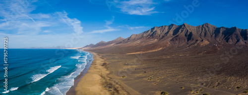Aerial view of the Cofete beach on the Canary island of Fuerteventura