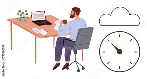 Man sitting at desk with laptop, papers, and coffee mug, next to a clock and cloud icon. Ideal for remote work, time management, online storage, productivity, freelancing modern workspace simple