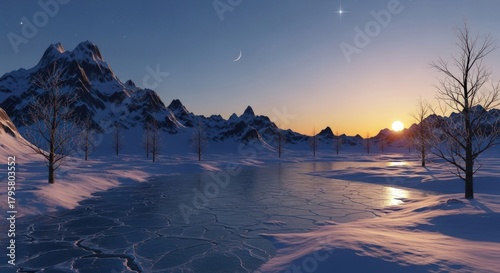 Golden Sunset Glow Over a Frozen River in a Snowy Mountain Landscape.