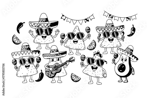 Groovy mexican nachos chips characters at Mexico fiesta party, vector corn tortilla food. Cartoon groovy hippie nacho chips with sombrero hats, guitar, avocado guacamole, maracas and sunglasses