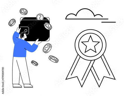 Man with large wallet and falling coins alongside star-badge, cloud. Ideal for finance, savings, achievements, rewards, financial planning, personal growth motivation. Simple flat metaphor