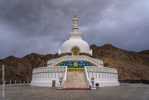 Leh, India - September 11, 2024: Famous Shanti Stupa located on a hilltop overlooking Leh