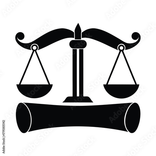 Scales of Justice on Law Scroll silhouette vector icon, flat design