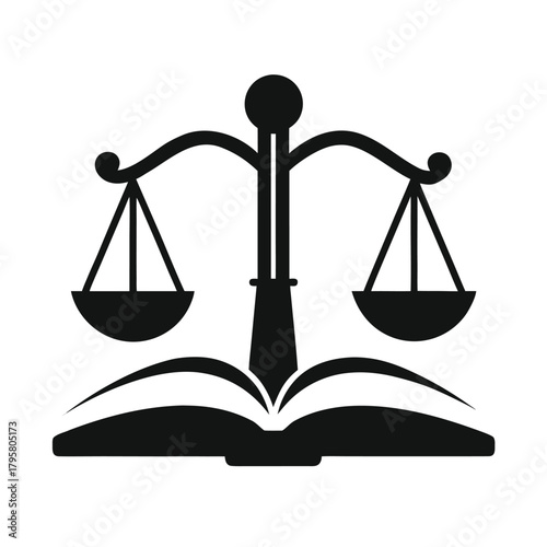 Scales of Justice on Open Law Book silhouette vector icon, flat design