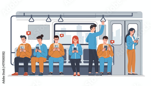 Flat vector illustration of commuters using smartphones inside subway train. Solid bright tones, clean modern composition, no gradients, digital lifestyle concept, social culture