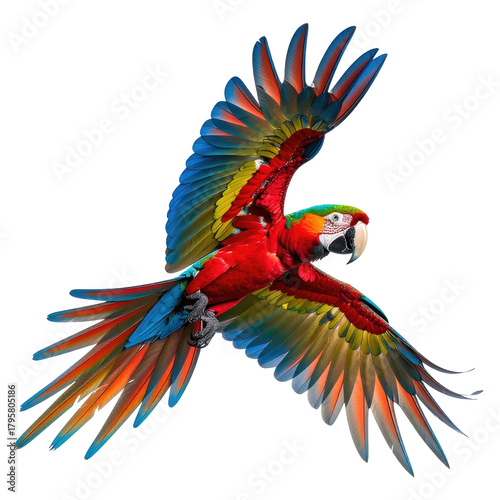 Parrot flying in vibrant, vivid color against a black background