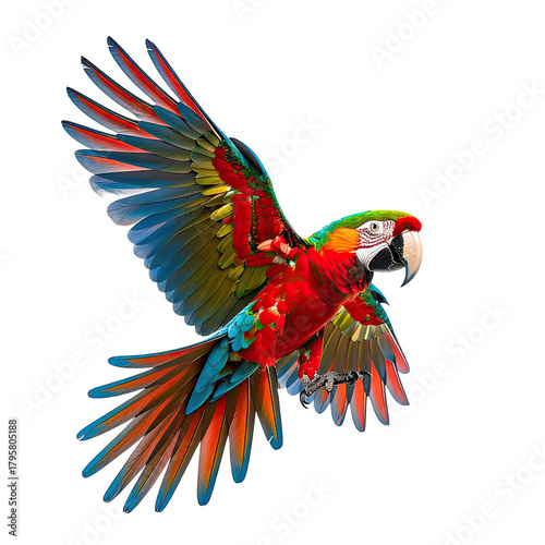 Vibrant parrot soaring mid-flight, wings spread, colorful feathers