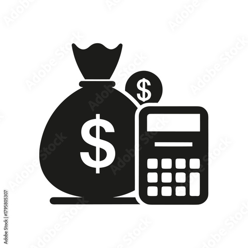 Money bag with dollar sign and calculator silhouette icon on white background