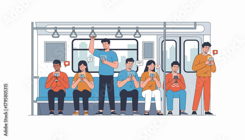 Flat vector illustration of commuters using smartphones inside subway train. Solid bright tones, clean modern composition, no gradients, digital lifestyle concept, social culture