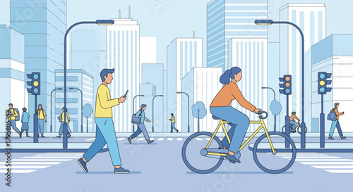 Flat vector illustration of people walking and biking through busy downtown streets surrounded by tall buildings. Solid tones, clean minimal design, no gradients, modern city life