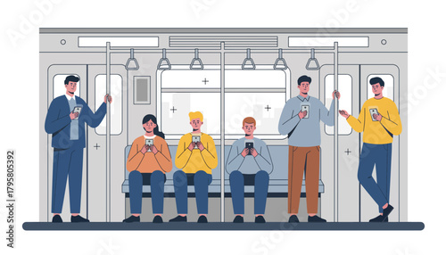 Flat vector illustration of commuters using smartphones inside subway train. Solid bright tones, clean modern composition, no gradients, digital lifestyle concept, social culture