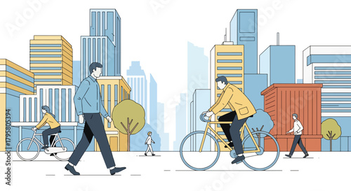 Flat vector illustration of people walking and biking through busy downtown streets surrounded by tall buildings. Solid tones, clean minimal design, no gradients, modern city life