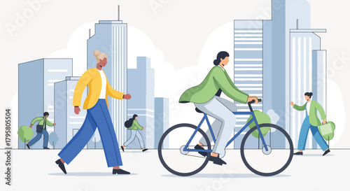 Flat vector illustration of people walking and biking through busy downtown streets surrounded by tall buildings. Solid tones, clean minimal design, no gradients, modern city life