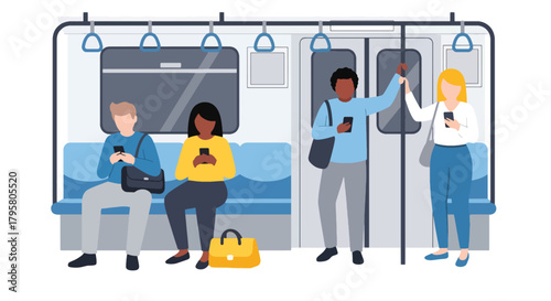 Flat vector illustration of commuters using smartphones inside subway train. Solid bright tones, clean modern composition, no gradients, digital lifestyle concept, social culture