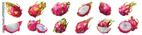 Exotic tropical dragon fruits whole and sliced with pink skin and seeds watercolor set isolated on transparent background