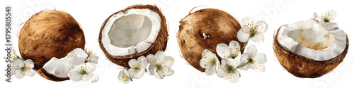 Whole and halved cracked coconuts with white  blossoms flower, tropical fruit watercolor set isolated on transparent background