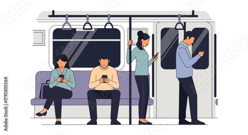 Flat vector illustration of commuters using smartphones inside subway train. Solid bright tones, clean modern composition, no gradients, digital lifestyle concept, social culture