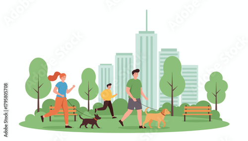 Flat vector illustration of people jogging and walking dogs in park with skyscrapers behind. Solid soft tones, no gradients, active lifestyle concept, clean urban nature scene
