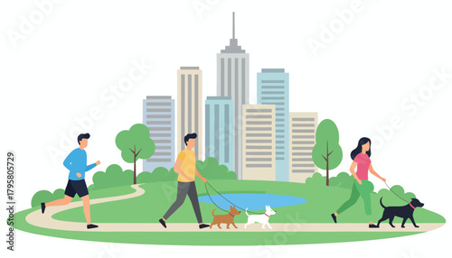 Flat vector illustration of people jogging and walking dogs in park with skyscrapers behind. Solid soft tones, no gradients, active lifestyle concept, clean urban nature scene