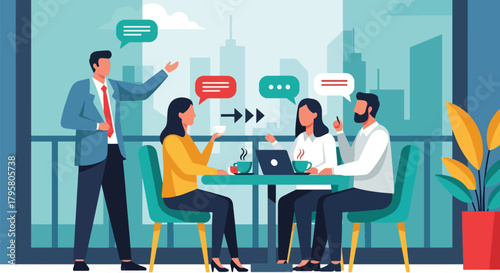 Flat vector illustration of business colleagues meeting in modern city cafe with skyline view. Solid warm tones, minimal clean shapes, no gradients, professional urban lifestyle